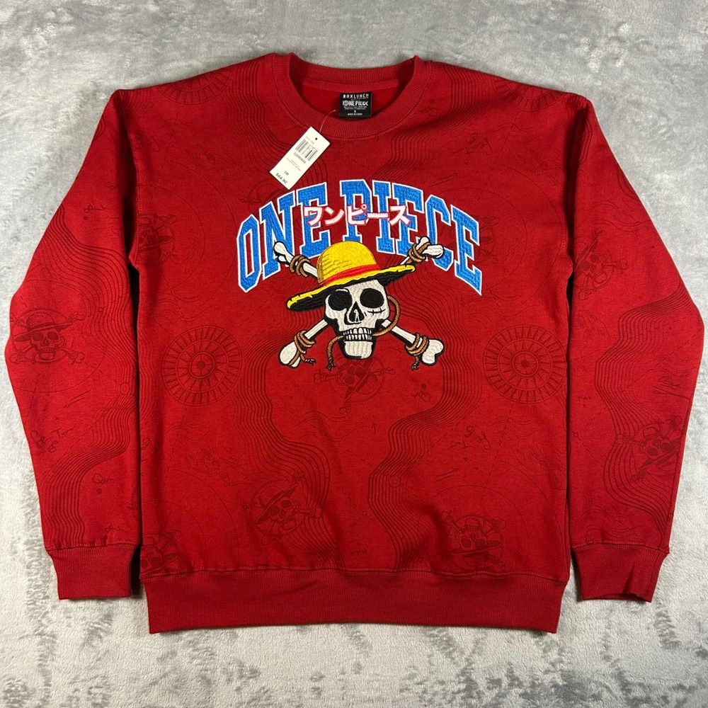 BoxLunch One Piece Topographic Sweatshirt Red Anime Embroidered Pullover Small